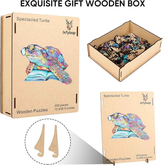 Wooden Puzzles for Adults, Spectacled Turtle Jigsaw Puzzles 200 Pieces, Unique Shape Animal Adult Puzzles, Wood Toys Puzzles Best Gift for Adults and Kids Family Brain Games 12.5x8.4 inch