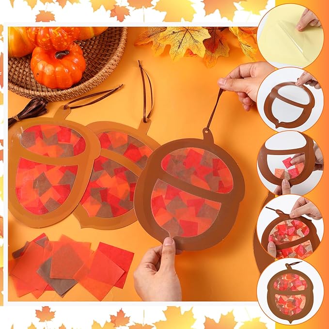 Chiisong 24 Sets Fall Acorn Crafts Kit DIY Tissue Paper Sign Crafts for Back to School Fall Harvest Thanksgiving Religious Christian Party Fun Home Actives