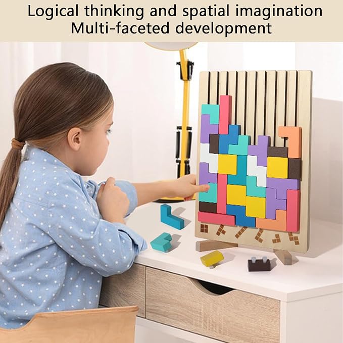 Montessori Brain Blocks, Colored 3D Wooden Russian Puzzle, Develops Logic & Spatial Reasoning, Wooden Stacking Puzzle Giant Board Game, Open-Ended Play Thinking for Boys and Girls (A)