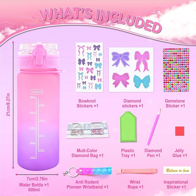 ASIOWELY Decorate Your Own Water Bottle Kits for Girls Age 4-12, Colorful Bow Pattern Diamond Painting Art and Crafts for Boys Age 4-6-8-10, Fun Gifts Toys for School Birthday Christmas