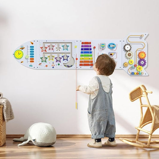 Rocket Activity Wall Busy Board Panels - Sensory Wall Panel for Kids, Montessori Toddler Wall Activity Board, Wall Toys for Toddlers 3, Activity Cube, Wooden Boards, White Grey(4PCS)