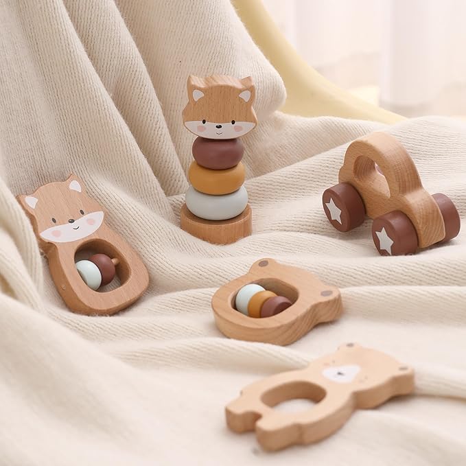 Freniland Wooden Montessori Toys, 5-Piece Wooden Baby Toys, Bear Wooden Baby Rattle, Fox Stacking Ring,Wooden Car Push and Pull Toys, Bear Grasping Toys,Newborn Baby Gift Sets for Boys and Girls