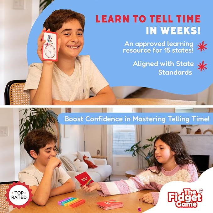 THE FIDGET GAME Telling Time Flash Cards, Learn to Read Analog Clocks - Educational Learning Toy & Interactive Teaching Tools for Children to Practice, Toddler Activities for 5+ Years