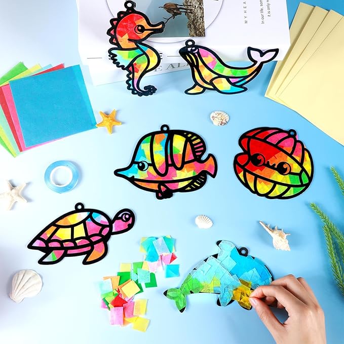 Qyeahkj 36 Set Sea Animal Suncatcher Crafts for Kids DIY Under The Sea Window Tissue Paper Craft Kit Ocean Animal Hanging Decor for Summer School Home Activity Art Project Birthday Party Favor Gift