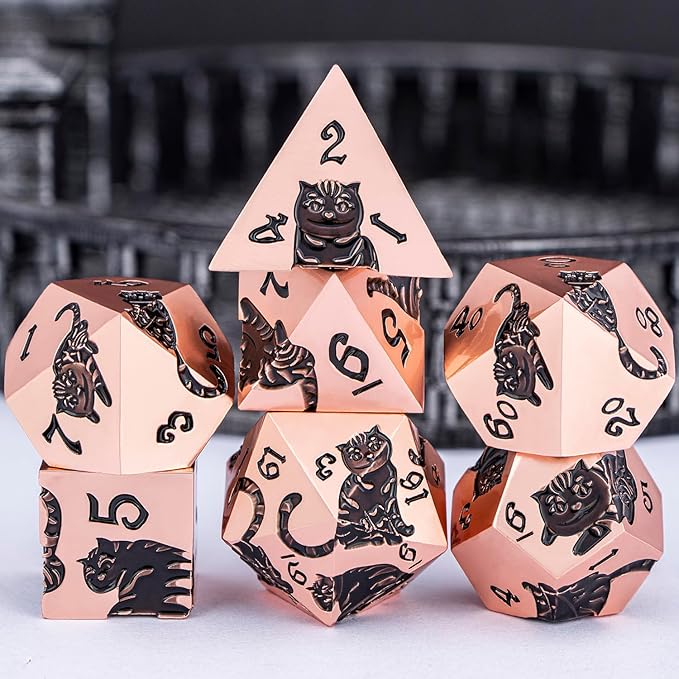 Metal DND Cat Dice 7PCS Polyhedral RPG Dice Set with Gift Case for Dungeons Dragons Role Playing Game, D and D Dice D6 D8 D10 D12 D20 D% (Copper Black)