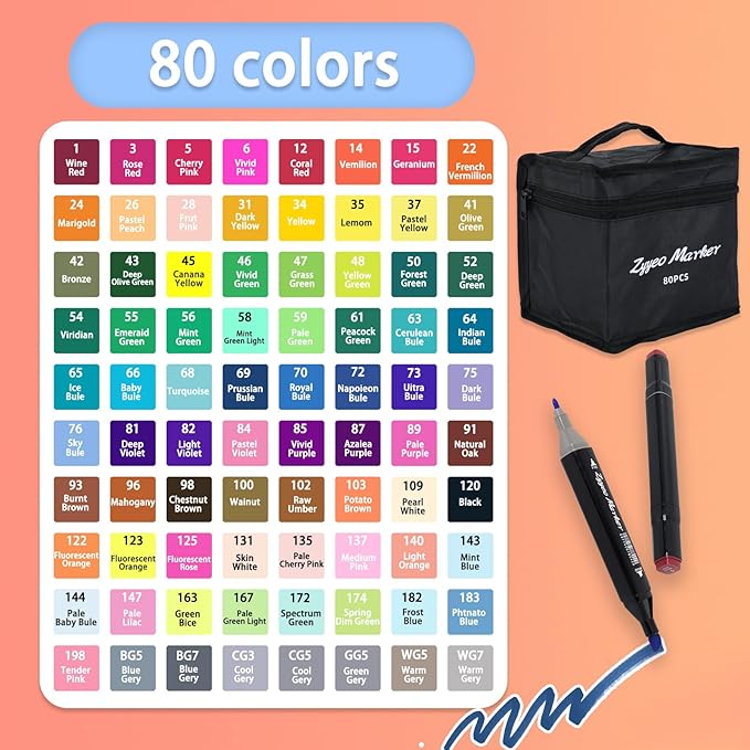 Alcohol Markers Sets,80 Colors Dual Tip Art Marker Pens with Portable Bag for Sketching,Drawing with Non-Blending,Coloring,Gifts for Artist, Adult,Kids.