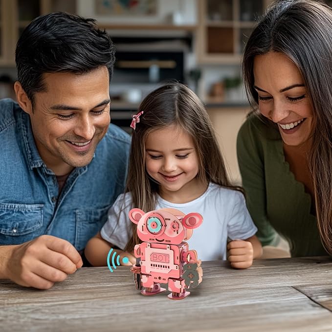 Kosmickiss 3D STEM Wooden Puzzles for Kids, 3D Wooden Models with Voice Recorder, Science STEM Building Kit Creative Craft Toys for Boys Girls Age 8-13 Years Education Birthday Gifts (Pink Robot)