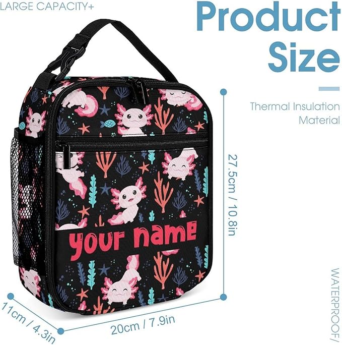 Custom Axolotl Lunch Box - Cute Reusable Axolotl Lunch Bag for Women Men Kids - Small Portable Foldable Insulated Lunchbox for School Work Picnic