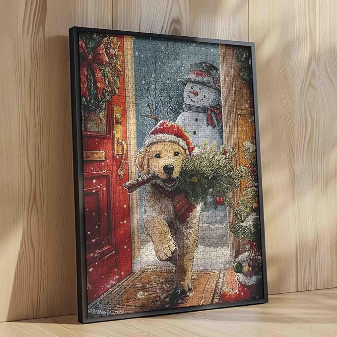 Merry Christmas 1000 Piece Jigsaw Puzzles for Adults Animal Dog Wearing Christmas Hat Painting Jigsaw Puzzle 1000 Cute Snowman Puzzles 20''x27”inch DIY Craft Puzzle Art Wall Decor Family Challenging
