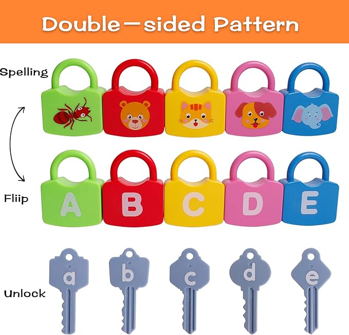 Color Alphabet Learning Lock Toys Educational Letter Combination-with 26 Locks, 26 Keys Montessori Preschool Alphabet Learning Game for Ages 3 yrs+