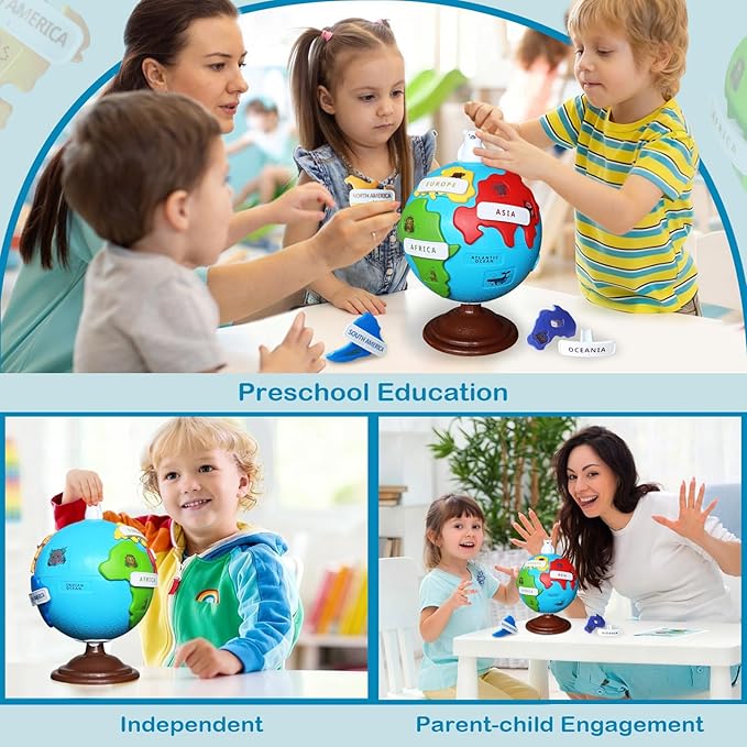 Spinning Globe for Children–Interactive Geography Learning Toy for Kid 3+, 8" Educational Puzzle Globe with 6 Continent & 12 Animial | STEM Geography Game for Kids 4-8, Preschool Birthday Gift