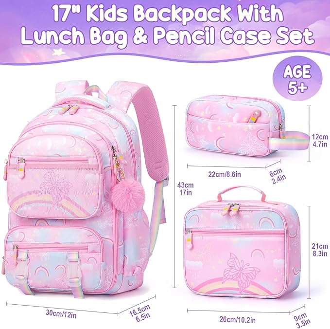 Fimibuke Kids Backpack for Girls, 3PCS Rainbow & Butterflies Teen Girls Backpack with Lunch Box & Pencil Case, Cute Pink Bookbag School Bag for Kindergarten Elementary Middle School Student Ages 5+