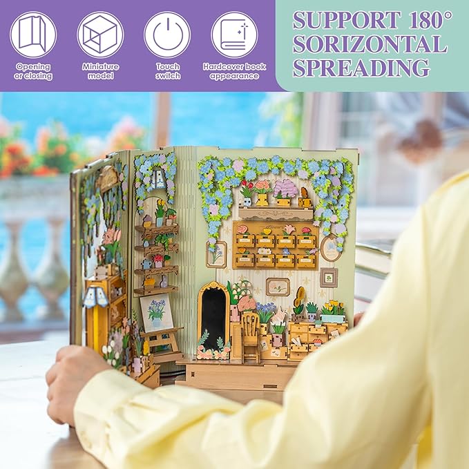MOMIBOOK Book Nook Kit, 440 PCS DIY Miniature Dollhouse Kit for Adults, 3D Wooden Mini Puzzle Booknook Bookend Bookshelf Decor, Tiny House Model, Christmas Birthday Gifts, Fragrance Florist