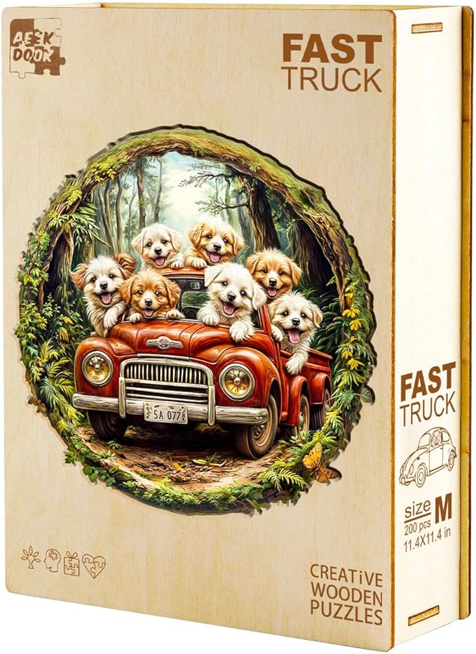 Wooden Puzzles for Adults - 200 Pieces Dog Truck Wooden Puzzle - Unique Animal Shape Wood Cut Puzzles - Eco-Friendly Home Office Decor (M-11.4 * 11.4in)