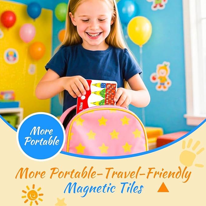 Mini Magnetic Tiles for Kids Ages 3-8, Travel Magnetic Building Blocks with Metal Storage Box, STEM Educational Toys, Montessori Sensory Learning Toys for Toddlers, Boys & Girls Gift