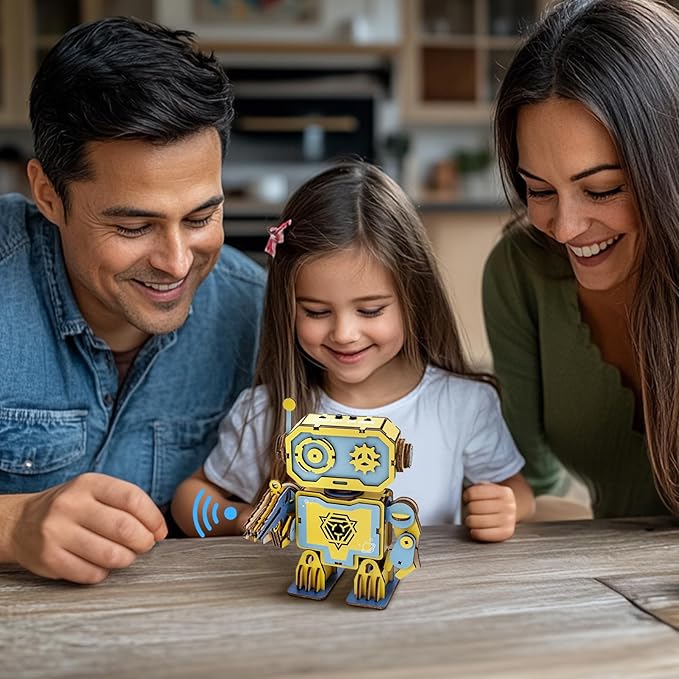 Kosmickiss 3D STEM Wooden Puzzles for Kids, 3D Wooden Models with Voice Recorder, Science STEM Building Kit Creative Craft Toys for Boys Girls Age 8-13 Years Education Birthday Gifts (Yellow Robot)