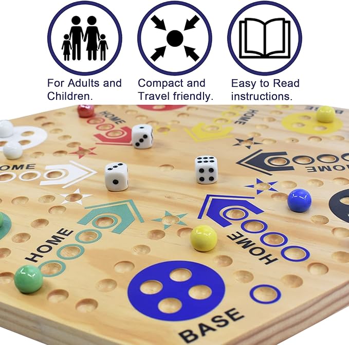Original Marble Game Wahoo Board Game 20-Inch Double Side Painted Wooden Fast Track Board Game for 6 Player and 4 Player, 6 Colors 36 Glass Marbles 8 Dice for Family Game Night, Friends Party