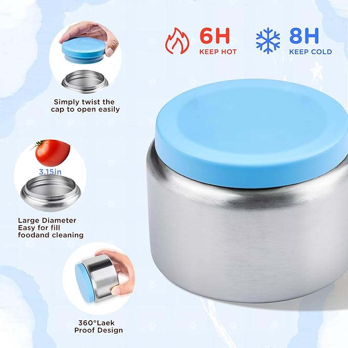 Bento Lunch Box for Kids With 8oz Thermo, Leakproof Bento Box with with 2 Compartments, Insulated Bottle, Lunch Bag, BPA Free Dishwasher Safe for School Girls Boys (Blue)