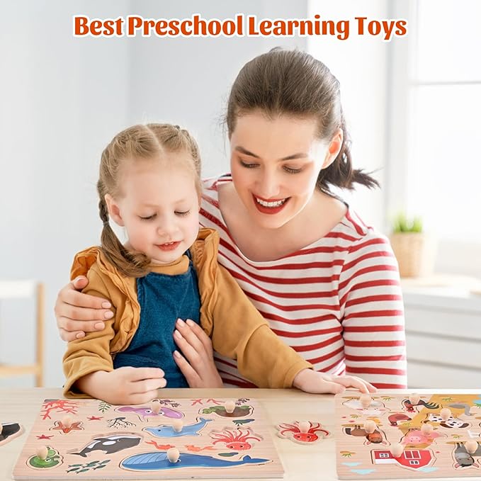 Wooden Peg Puzzles for Toddlers 1-3, 2 Pcs Upgraded Montessori Educational Learning Puzzle Toy Sets - Animal & Sea Themes Puzzles, Great Preschool Gifts for Girls and Boys (8.86 * 11.61in)
