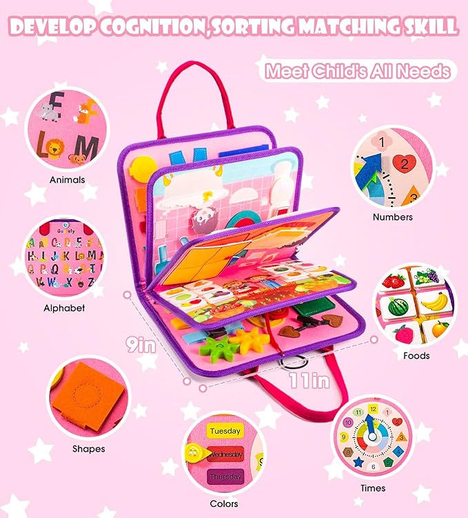 Guolely Busy Board Montessori Toys for 1-4 Year Old Girl Gift - 10 in 1 Sensory Learning Activities with Role-Play,Life Skill, Alphabet, Shape, Clock, Weather - Toddler Travel Toys for Airplane Car