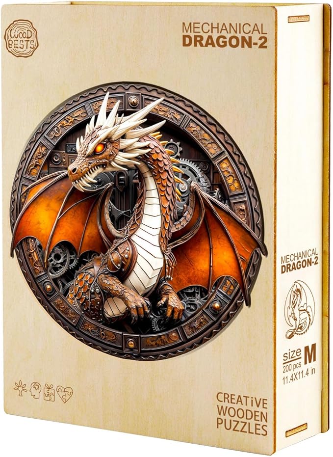 Wooden Puzzles for Adults 200 Pices, Dragon 3D Puzzles for Adults, Mechanical Dragon Irregular Jigsaw Puzzles, Flat Puzzels with 3D Visual Effect, Finished Puzzle Size is 11.4 x 11.4in