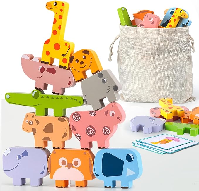 Montessori Toys for 2 3 4 Year Old Boys & Girls, Wooden Animal Stacking Blocks for Toddlers 1-3 โ Building Blocks Game Stacking & Sorting Toys Ages 2-4 Toddler Birthday Gifts