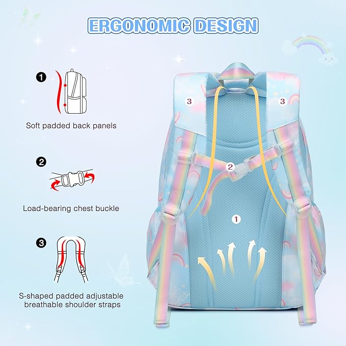 Backpack for Girls, Rainbow Butterfly Girls Backpacks with Lunch Bag Pencil Case Set, Kids Backpack Kindergarten Elementary Middle School Book Bag for Teen Girl Children Students