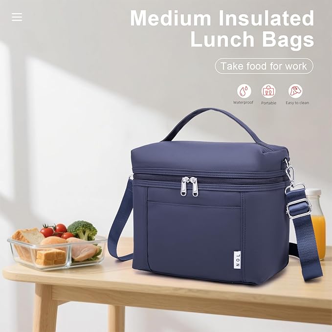 NOL Natural Organic Lifestyle Insulated Lunch Bags for Women Cooler Bag Lightweight Nylon Waterproof Lunch Box For Work (Navy blue, Medium(normal))