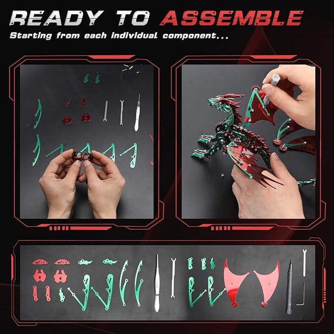 3D Puzzles for Adults,Metal Dragon Puzzle Building Set,Collectible Mechanical Engineering Crafts for Home Office Decoration & Gift(Red-Green