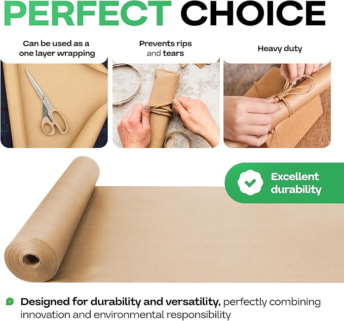 12" x 1200" (100 feet) Brown Kraft Paper Roll - USA-Made Quality Craft Paper for Gift Wrapping, Kids' Arts & Crafts, School Projects - 100% Recycled Natural Material 50lb Thickness by IDL Packaging