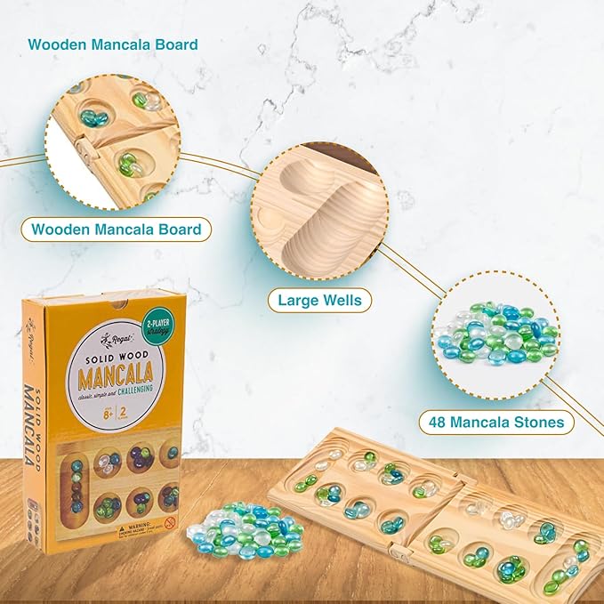 Regal Games Mancala Board Game - Fun Classic Table Game with Wooden Board for Adults & Kids - 48 Glass Mancala Beads & 2 Player Games - Ideal for Family Game Night, Travel (Ages 8+)
