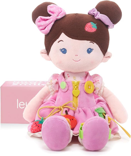 LeyaDoll Educational Soft Baby Doll(16''), Learning Sensory Doll for Toddlers, Montessori Toys for 2-Year-Old Girls Christmas, Birthday Gifts, Plush Doll with Zipper, Shoelace, Button-Busy Jucy Girl