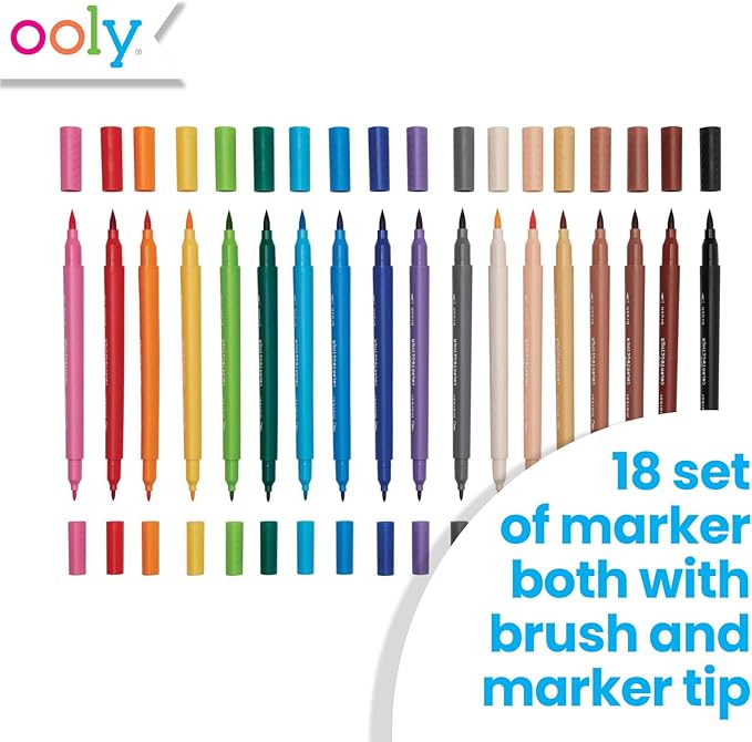 Ooly Color Together Dual Tip Markers - 18 Colors, 12 Bright & 6 Skin Tone, Brush and Fine Tip on Each Marker for Kids, Double Ended Markers for Art Supplies & Stationery Sets - Brush/Fine Tips