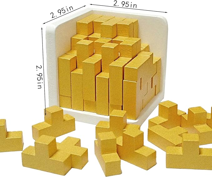 3D Wooden Brain Teaser Puzzle Cube Wooden Puzzles T-Shaped Jigsaw Logic Puzzle Game Puzzles Educational Toy for Kids and Adults (Golden)