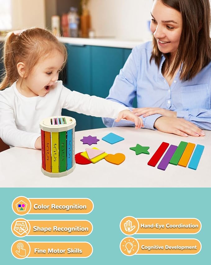 Wooden Sorting Toys Montessori Color & Shape Sorter Preschool Learning Activities Fine Motor Skills Sensory Toys for Toddlers 2-5 Birthday Gifts for Boys and Girls (Colorful-Round)