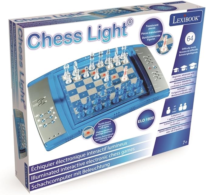 Lexibook ChessLight®, Electronic Chess Game with Touch-Sensitive Keyboard and Light and Sound Effects, 32 Pieces, 64 Levels of Difficulty, Battery or Plug, Blue/Grey, LCG3000