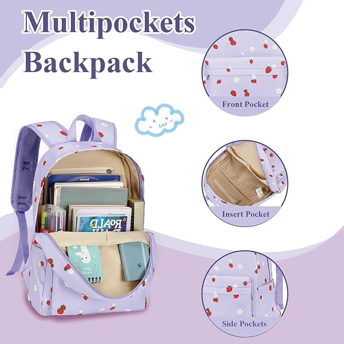 LEDAOU Kids School Backpack with Lunch Box for Girls Boys Kindergarten BookBag School Bag Preschool Toddler Backpack(Purple Strawberry)