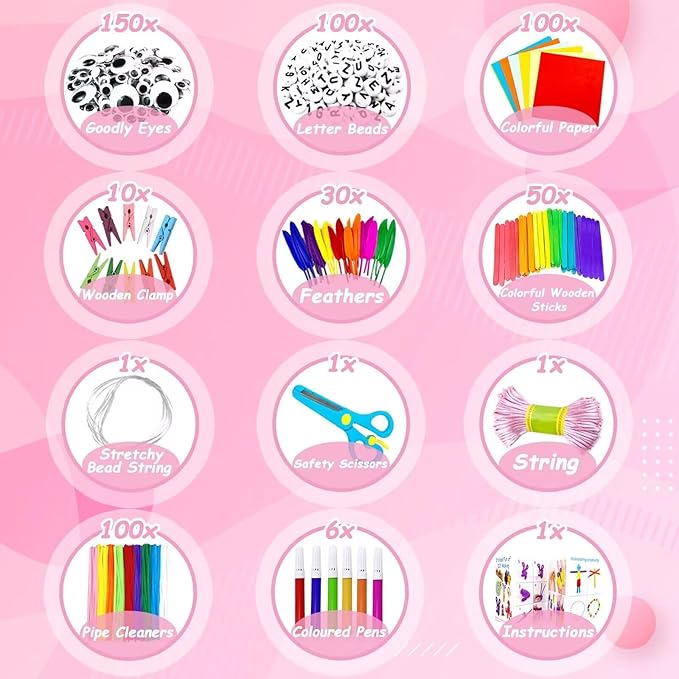 3000 Arts and Crafts Supplies for Kids Craft Kit All in 3 Layered Craft Box with Pipe Cleaners Crafts for Kids Age 4-6, 6-8, 8-12 DIY School Supplies Materials Set Toys Gifts for Girls Boys, Pink