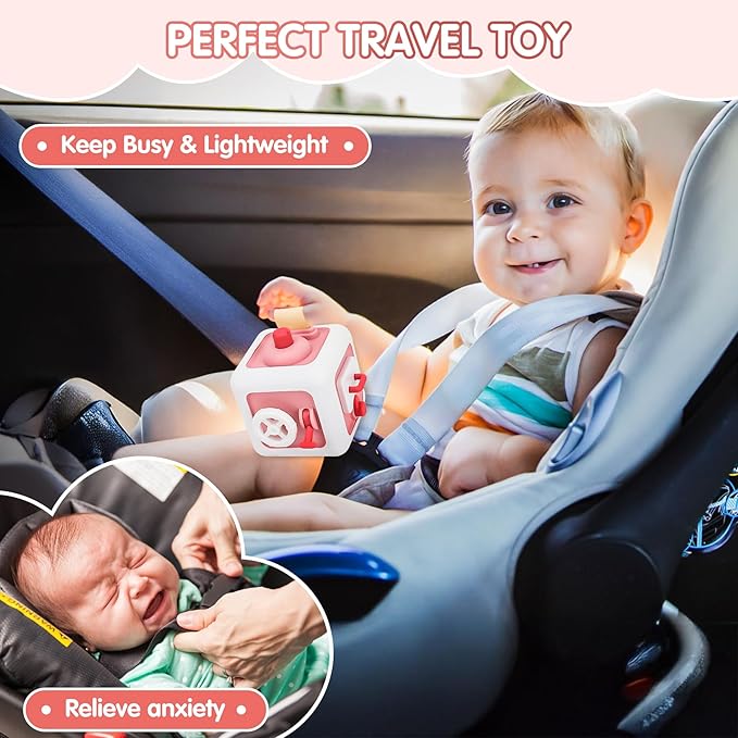 Toys for 1 Year Old Boy Girl, Montessori Busy Board Busy Cube, Travel Toys for Toddlers 1-3, 1 Year Old Girl Boy Gifts, Pink