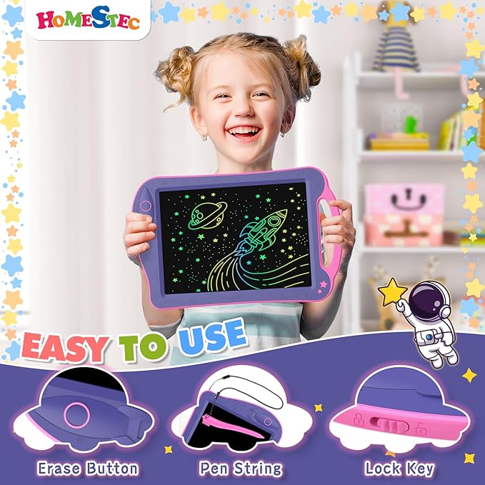 HOMESTEC Astrodraw Drawing Pad Toys, Colorful LCD Writing Tablet for Kids, Doodle Board for Toddlers 3 4 5 6 Years Old, Travel Sensory Space Toy for Boys Girls, Birthday Gift Idea (Purple/Pink)