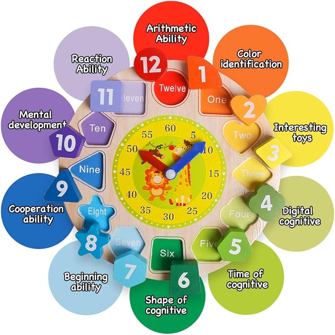 Skrtuan Wooden Sorting Clock Toy for Toddlers 3-5 Years Old, Montessori Shape Color & Animal Puzzle, Educational Learning Gift for Teaching Time, Numbers, and Fine Motor Skills
