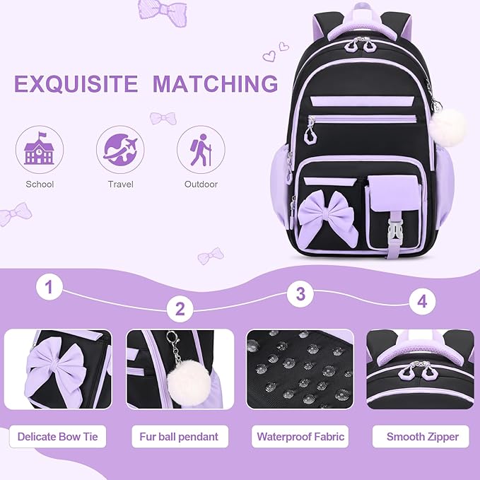 Backpack for Girls, 3PCS Girls Backpack for School with Lunch Bag Pencil Case, Cute Kids Teens Bookbag for Kindergarten Elementary Preschool Middle School (Black-Purple)