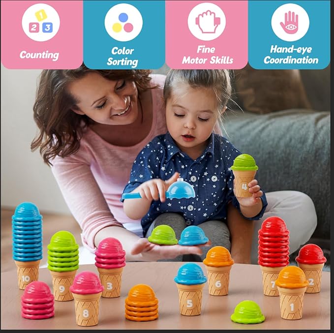 Aizweb Ice Cream Counting and Color Sorting Stacking Toys for Toddlers, Montessori Preschool Kindergarten Learning Activities,Number Math Manipulatives Math Games Educational Fine Motor Skills Toys