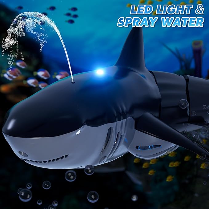 Remote Control Shark Toys for Boys Kids, 1:18 Scale High Simulation Shark for Pool, 2.4Ghz Electric RC Shark Boat Fish Toys with Light & Spray, Toy Shark Gifts for 6 7 8 9 Year olds Kid Boys Girls