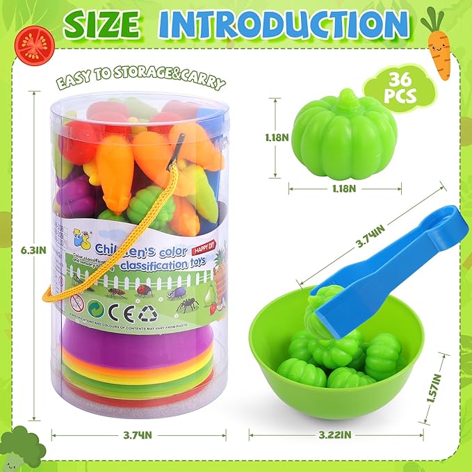 Counting Vegetables Matching Games Sensory Toys with Sorting Bowls Preschool Learning Activities Color Classification Montessori Educational Toys Set Gift for Boys Girls Toddlers Toys Age 3+