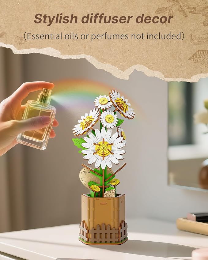 3D Daisy Wooden Puzzles for Adults, DIY Wooden Flower Craft Kit, Artificial Flowers Model Kit to Assemble for Adults.(3.1 * 2.6 * 7.4in 91PCS)