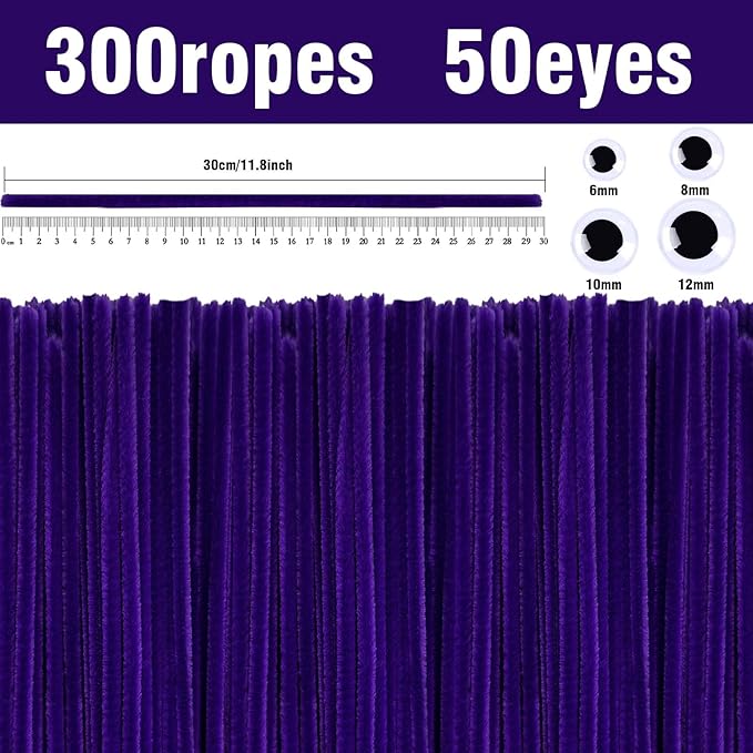 URSDIART (350pcs/Set) Purple Pipe Cleaners and Wiggle Eyes, Solid Color Halloween Chenille Stems Pipe Cleaners Bulk 12 Inch Pipe Cleaners for Crafts DIY Creative,Christmas Decoration Art Supplies