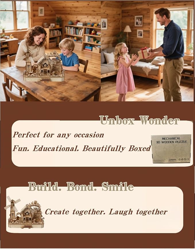 3D Wooden Puzzle Cottage with Rotating Windmill – DIY Mechanical Model Kit with Animal Miniatures, Creative Gift & Home Decor for Adults & Teens