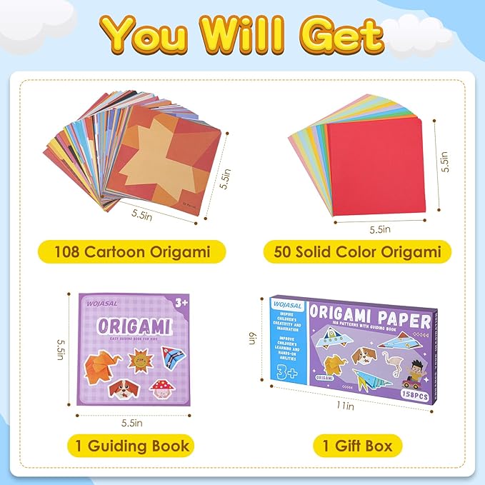 158 Sheets Origami Paper Kit for Kids Ages 5-8 8-12 with Guiding Book DIY Art and Crafts Supplies Kits for Girls and Boys Square Easy Fold Paper Travel Activities Birthday Christmas Gifts