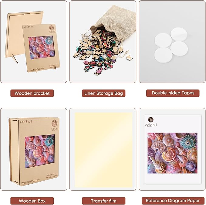 delobil Wooden Puzzles for Adults, Sea Shell Wooden 200 Piece Puzzles for Adults,Unique Shaped Jigsaw Puzzles, Fun Challenge Brain Health Family Game Creative Gift for Friends 11.8 x 9.6in